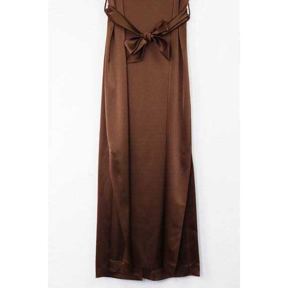 NWT Nanushka Dress Sayan Satin Spaghetti Strap Belted Wrap Tie Midi Slip Brown L - Picture 11 of 11